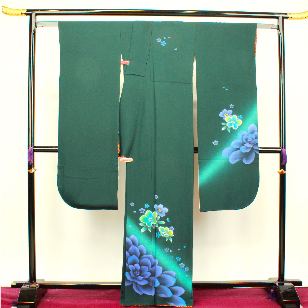 振袖 身丈165cm 裄丈70cm 袷 鉄色 京友禅 花模様 正絹 Aランク 緑系 1113001563519