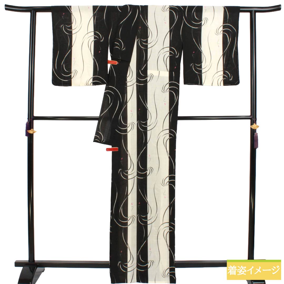 夏物 ポリエステル 小紋 Sランク 身丈166cm 裄丈67.5cm 生成り色(きなりいろ) 縞 人物画 抽象模様 紗 マルチカラー 1132003532528