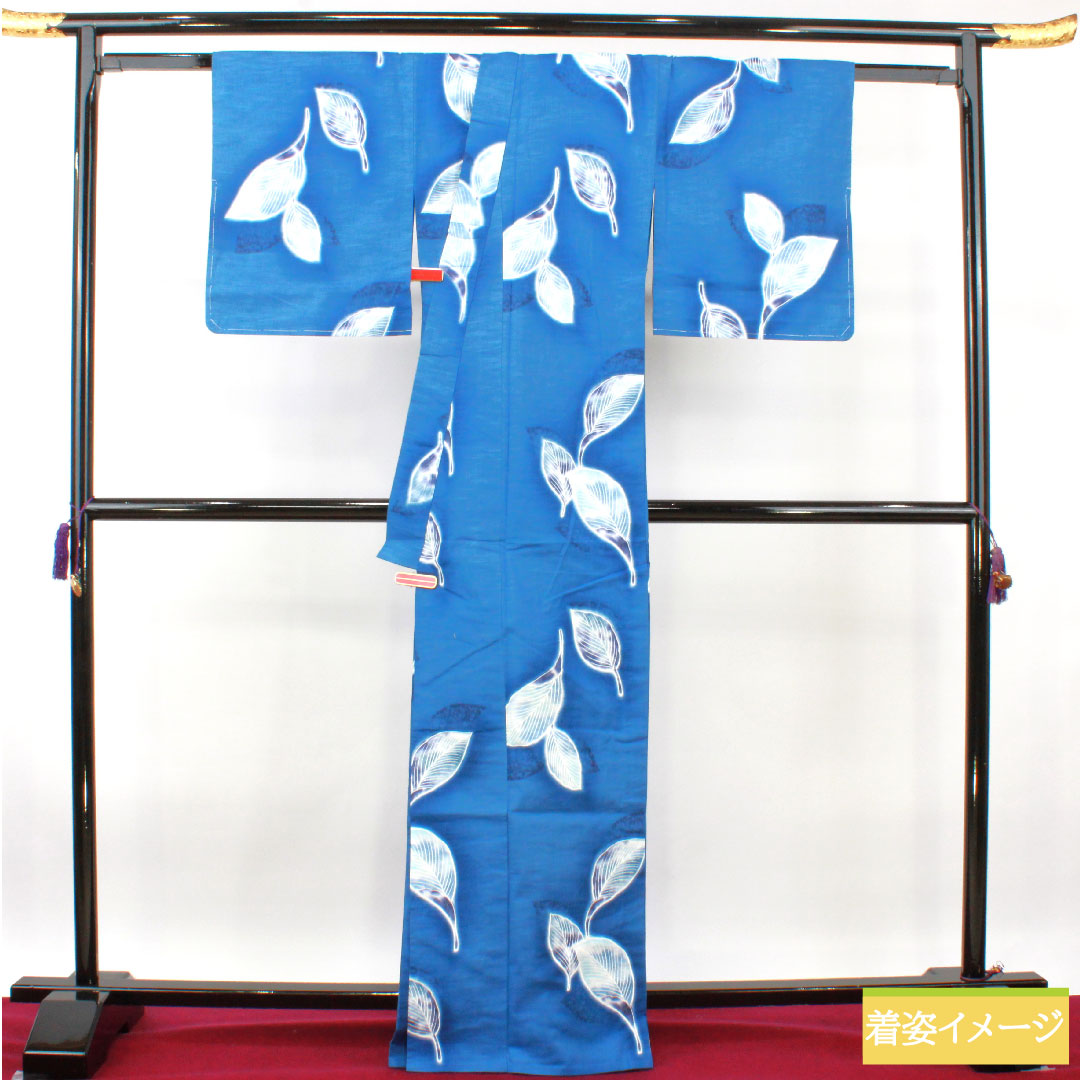 Yukata Cotton Length 167cm Sleeve length 66cm S rank Single layer Blue Indigo Leaf pattern 1118005202517