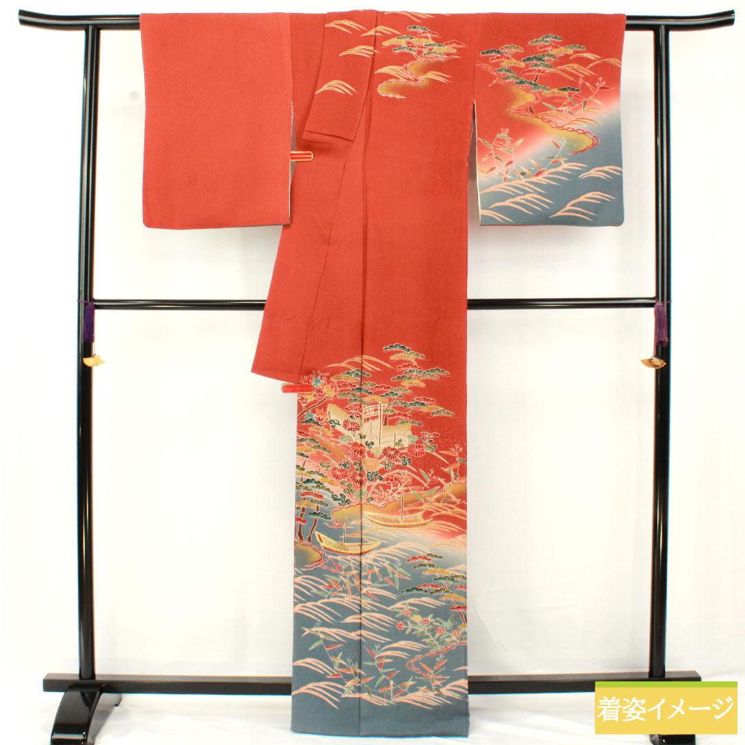 訪問着 正絹 袷 身丈165.5cm 裄丈65cm 弁柄色(べんがらいろ) 京友禅 茶屋辻風景模様 ちりめん地 Aランク 朱系 1112005923516