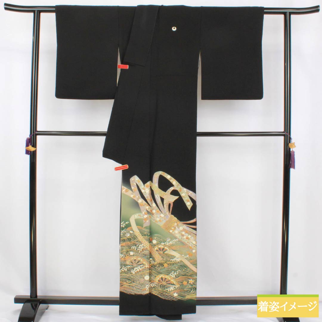 黒留袖 正絹 Aランク 身丈158.5cm 裄丈64cm 袷 金彩 五つ紋 上り藤 束ね熨斗 五つ紋 黒系 1111002043310