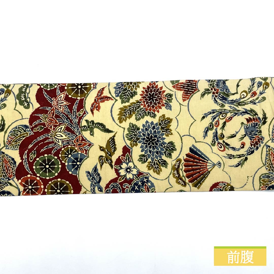 Nagoya obi, Geo-iro, Kyoto Bingata, Cloud pattern, Flower pattern, Length 348cm, Pure silk, S rank, Six-pass, Casual, Cream color, 1124007642315, Nagoya style