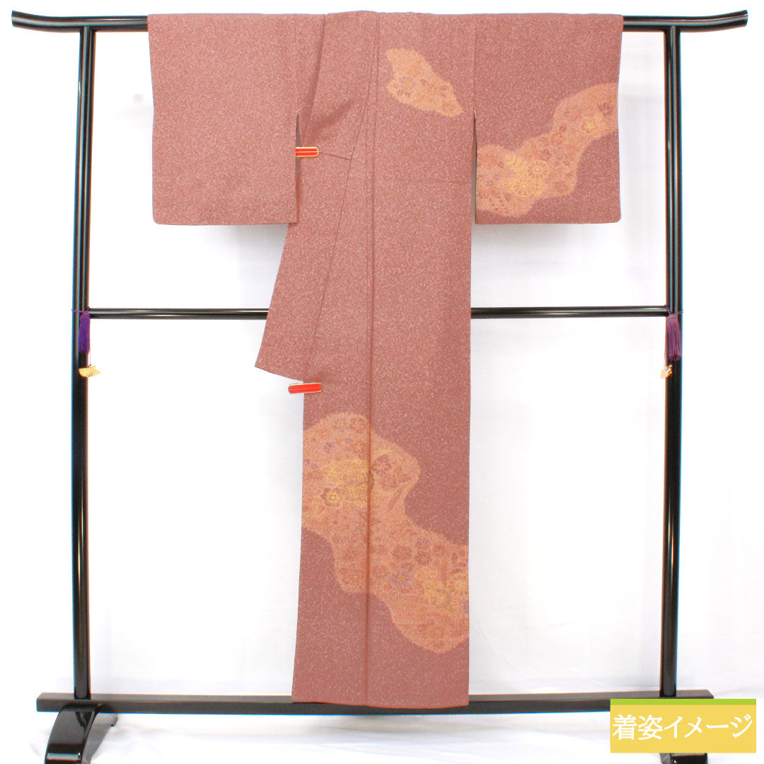 訪問着 正絹 袷 身丈153cm 裄丈63cm 小豆鼠色(あずきねずいろ) 草花模様 部分刺繡 Sランク 茶系 1112005752214