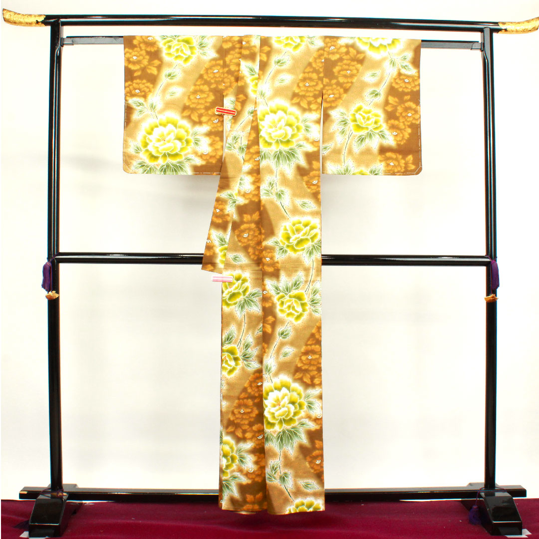 Yukata with basting thread, unused, chestnut color, peony, cotton, S rank, single layer, length 158.5cm, sleeve length 63.5cm, brown, 1118002702314