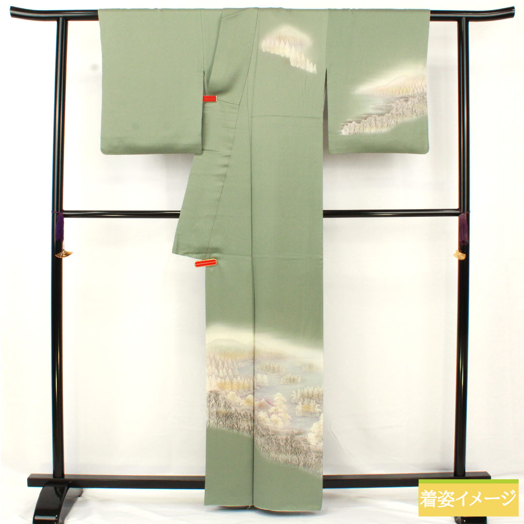 Homongi, pure silk, lined, length 162.5cm, sleeve length 65cm, leaf color on the back, landscape pattern, A rank, green, 1112005853419