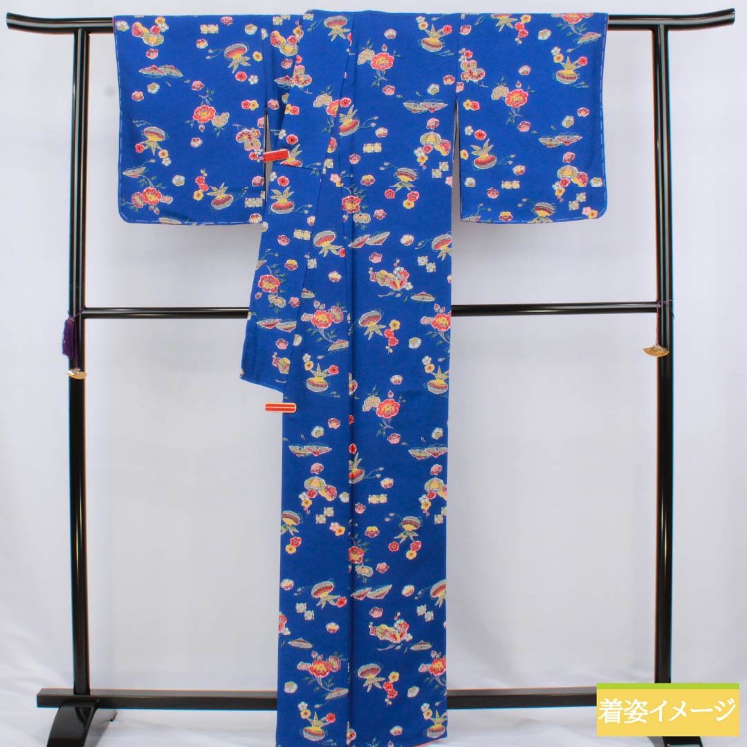 小紋 正絹 Sランク 身丈163.5cm 裄丈66cm 袷 瑠璃色(るりいろ) 型染 吉祥文様 青系 1115006892417