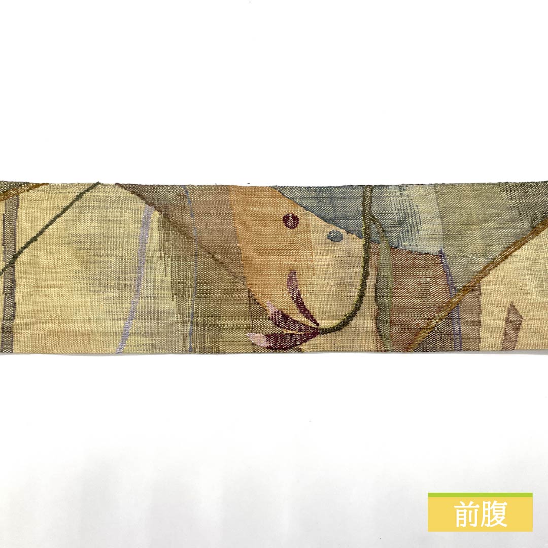 Nagoya obi, Torinoko color, Tsumugi fabric, abstract floral pattern, geometric pattern, obi length 368cm, pure silk, S rank, six-pass, casual, beige, 1124008232325, Nagoya style