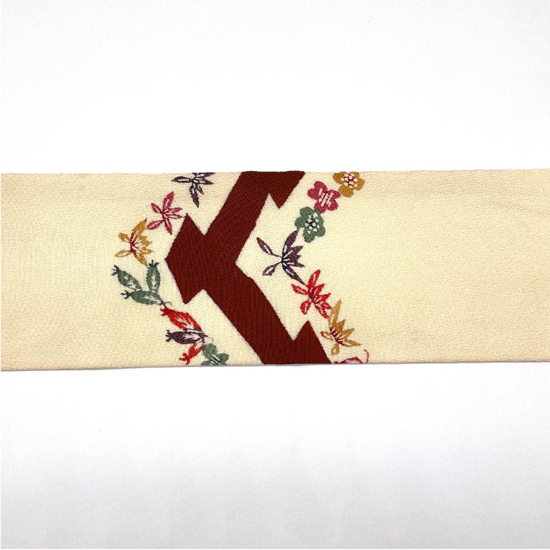 Nagoya obi, natural color, stencil dyeing, floral pattern, obi length 359cm, pure silk, A rank, point pattern, casual, cream color, 1124003623315, Nagoya style
