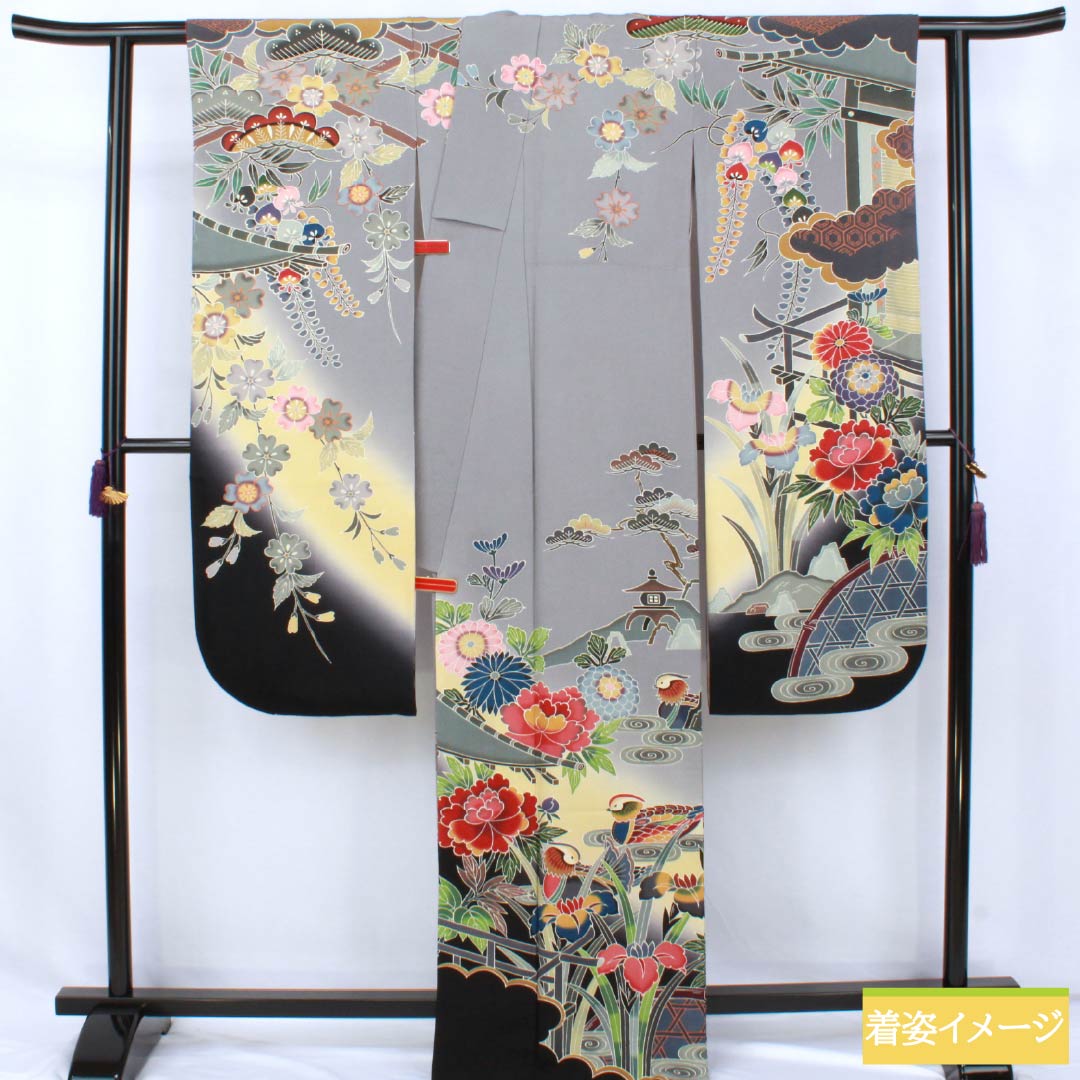 振袖 正絹 Aランク 身丈166cm 裄丈68cm 袷 錫色(すずいろ) 京紅型 宮崎染工 作家物 吉祥文様 鴛鴦 グレー系 1113002503522
