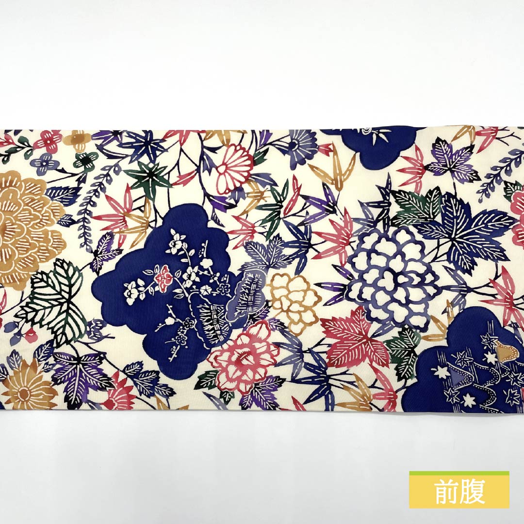 名古屋帯 生成り色(きなりいろ) 京紅型 牡丹 紅葉 帯丈348cm 正絹 Aランク 六通 カジュアル クリーム系 1124006773315 開き仕立て