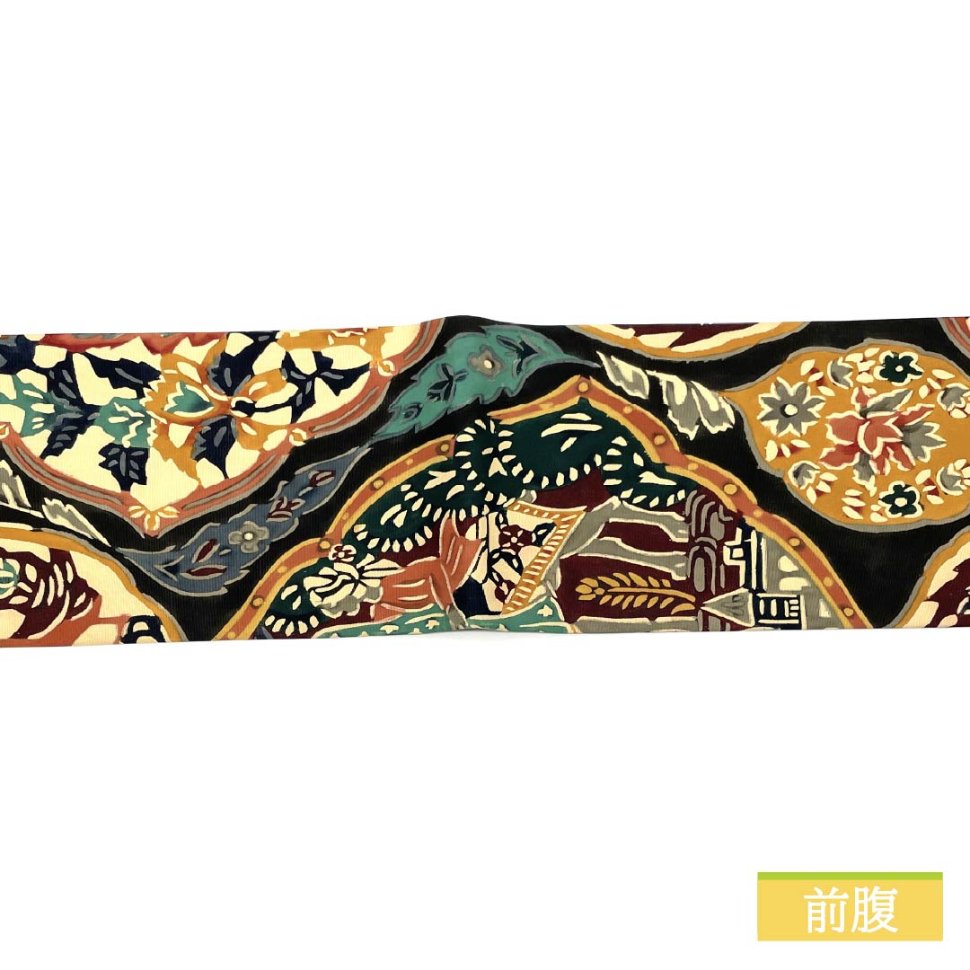 Nagoya obi, stencil-dyed, chintz pattern, obi length 360cm, pure silk, S rank, six-pass, casual, black, 1124006682310, Nagoya-made