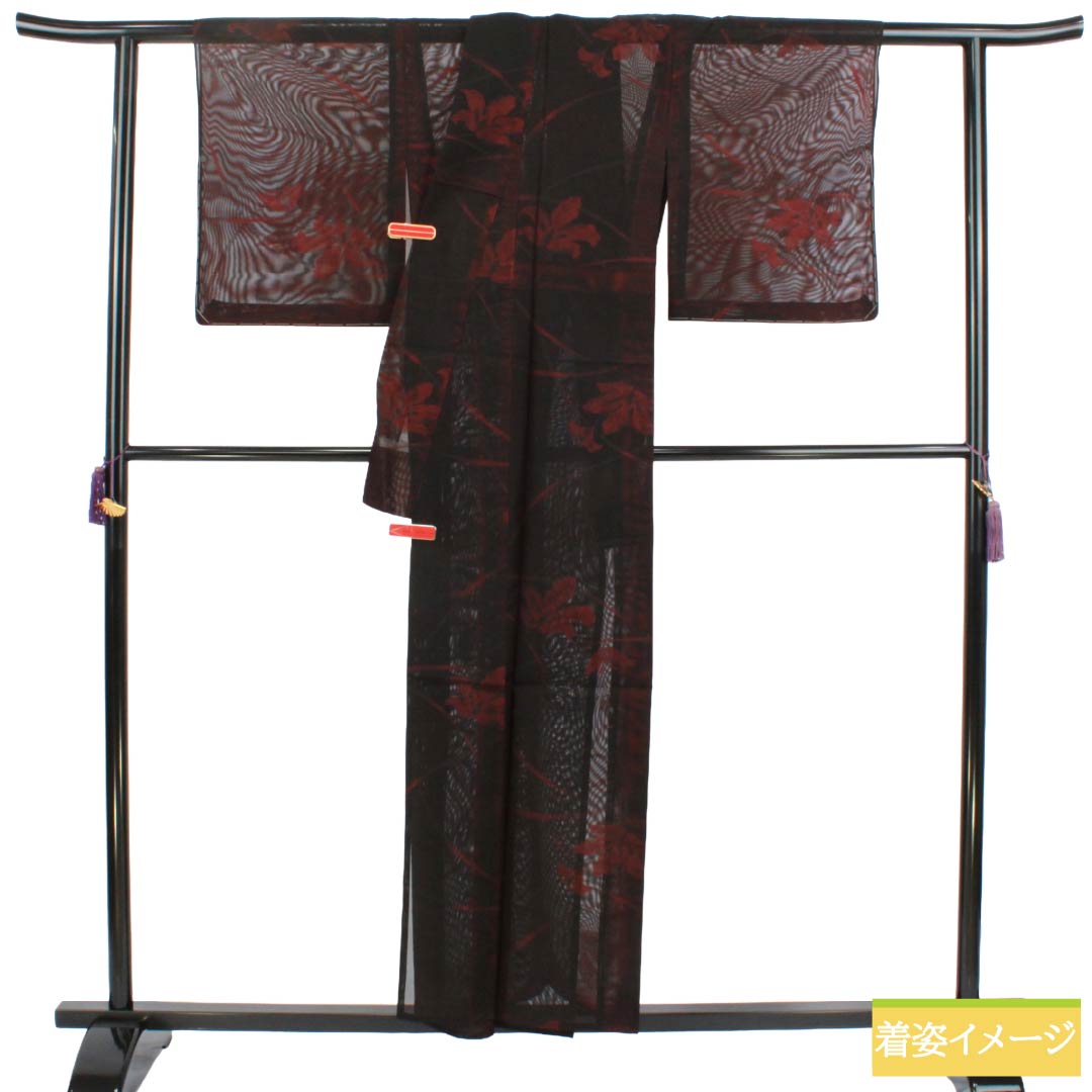 夏物 正絹 お召 Bランク 身丈155.5cm 裄丈62.5cm 暗紅色(あんこうしょく) 露芝 草花模様 紗 赤系 1132004264312