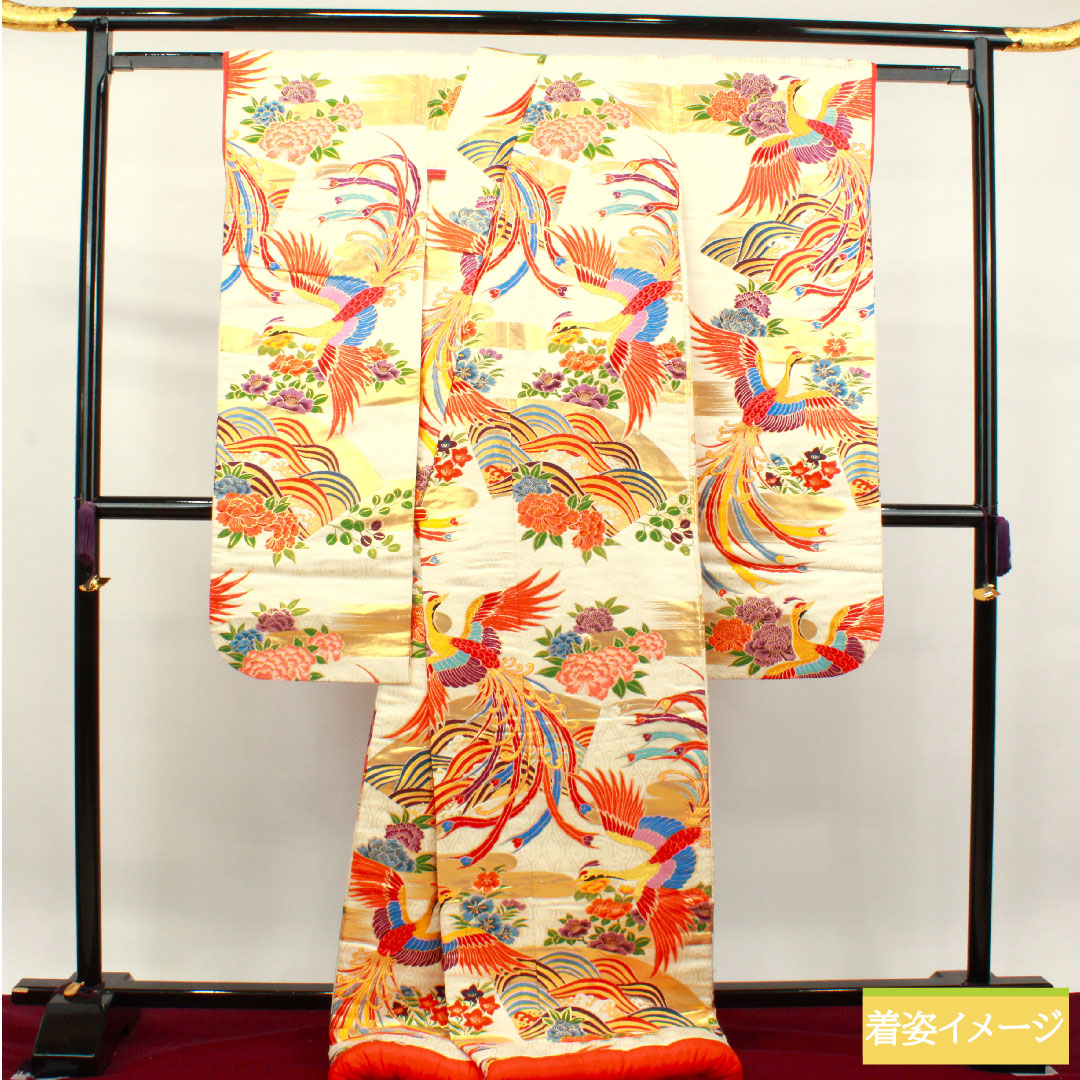 Colored uchikake, pure silk, length 180cm, sleeve length 65cm, Karaori, phoenix, auspicious motif, S rank, lined, white, 1110000632911