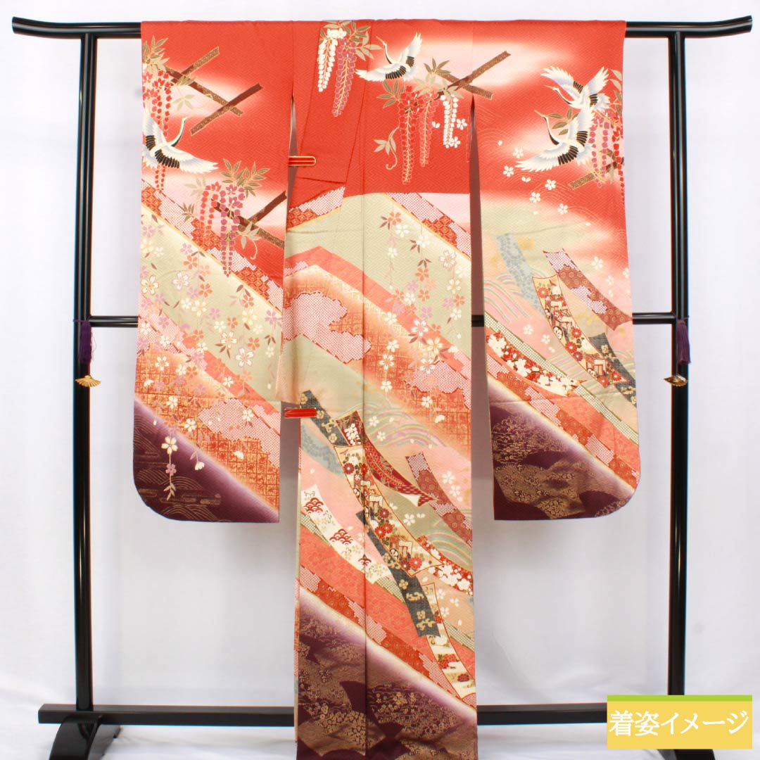 振袖 正絹 Bランク 身丈166cm 裄丈64.5cm 袷 真朱色(しんしゅいろ) 京友禅 吉祥文様 鶴 桜 藤 赤系 1113002164512