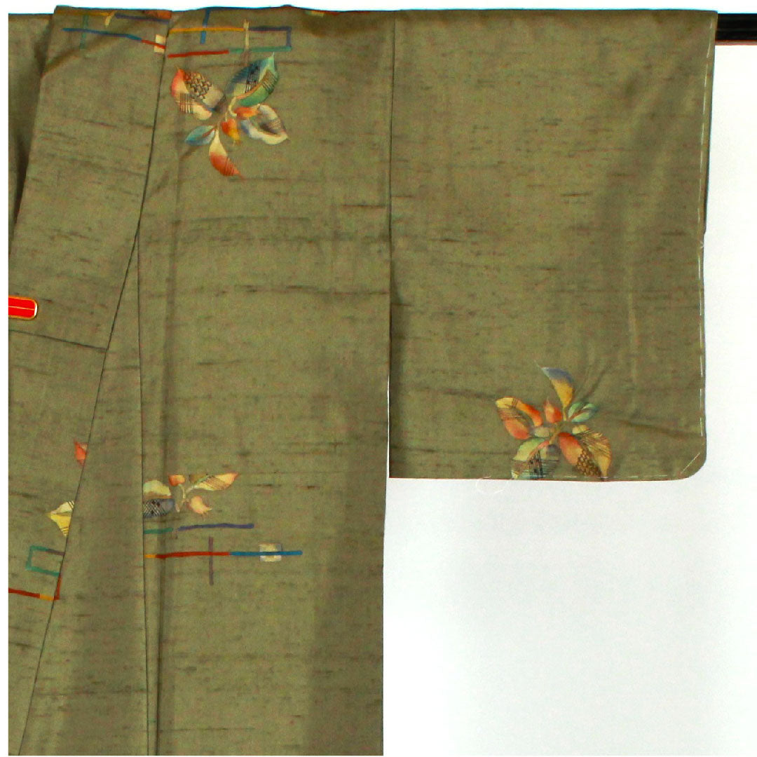 Tsumugi Length 150cm Sleeve length 62cm Striped pattern Hand-woven Pure silk S rank Awase Green 1116001012219