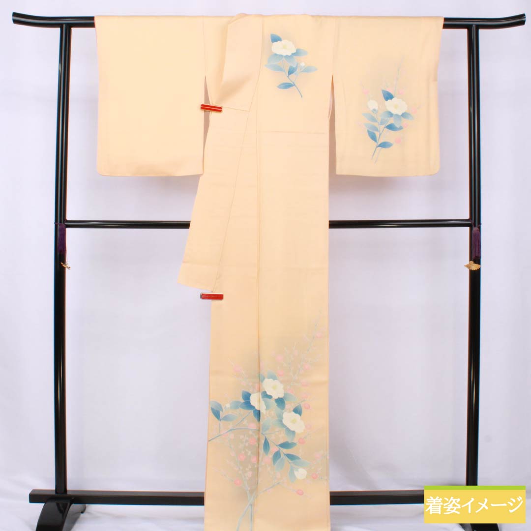 Visiting Kimono, Pure Silk, Grade A, Lined, Length 166.5cm, Sleeve Length 62.5cm, Light Persimmon, Kyoto Yuzen, Camellia, Orange, Item Number 1112006363526