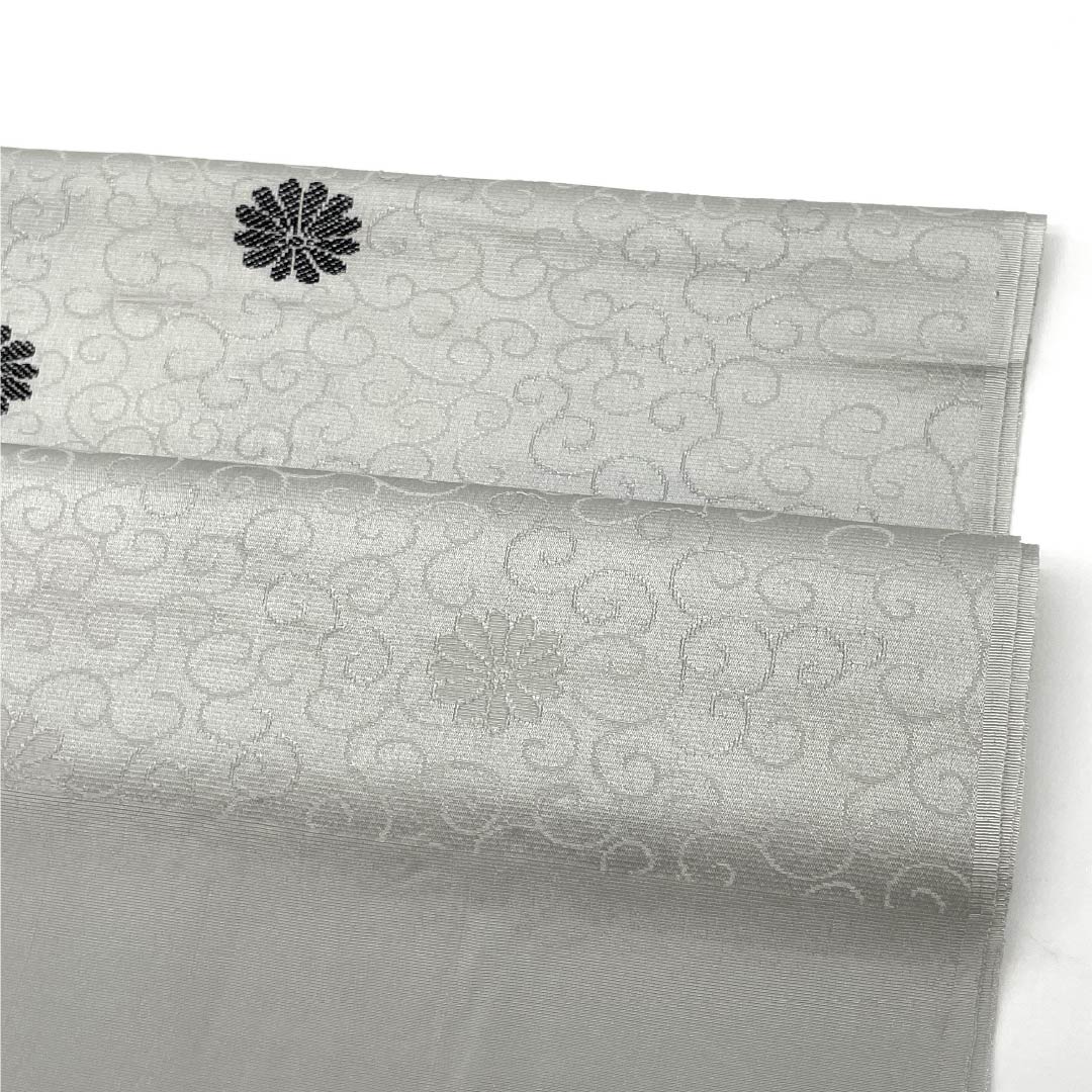 Formal obiage (sash sash), pure silk, S-rank, light gray with small chrysanthemum and arabesque patterns, length approximately 172cm, width approximately 29cm, gray tones, product number 1136002242922