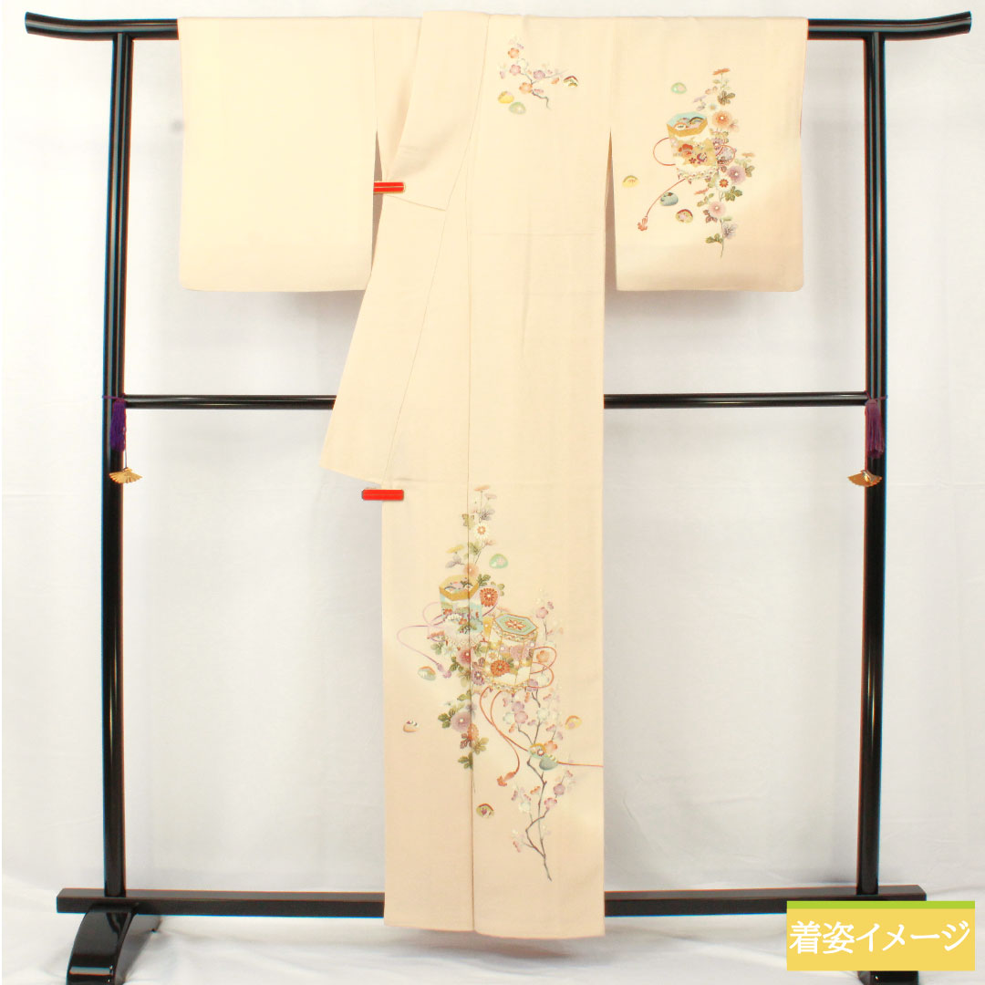 訪問着 正絹 袷 身丈158cm 裄丈64.5cm 砥粉色(とのこいろ) 京友禅 貝桶 吉祥文様 しあわせガード Aランク クリーム系 1112005803315
