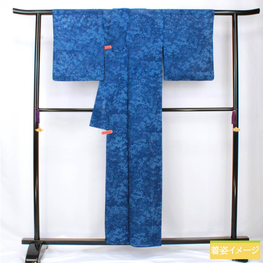 夏物 正絹 小紋 身丈157cm 裄丈65cm 紺桔梗色(こんききょういろ) 京紅型 草木染 五泉 絽 Aランク 紺系 1132002123318