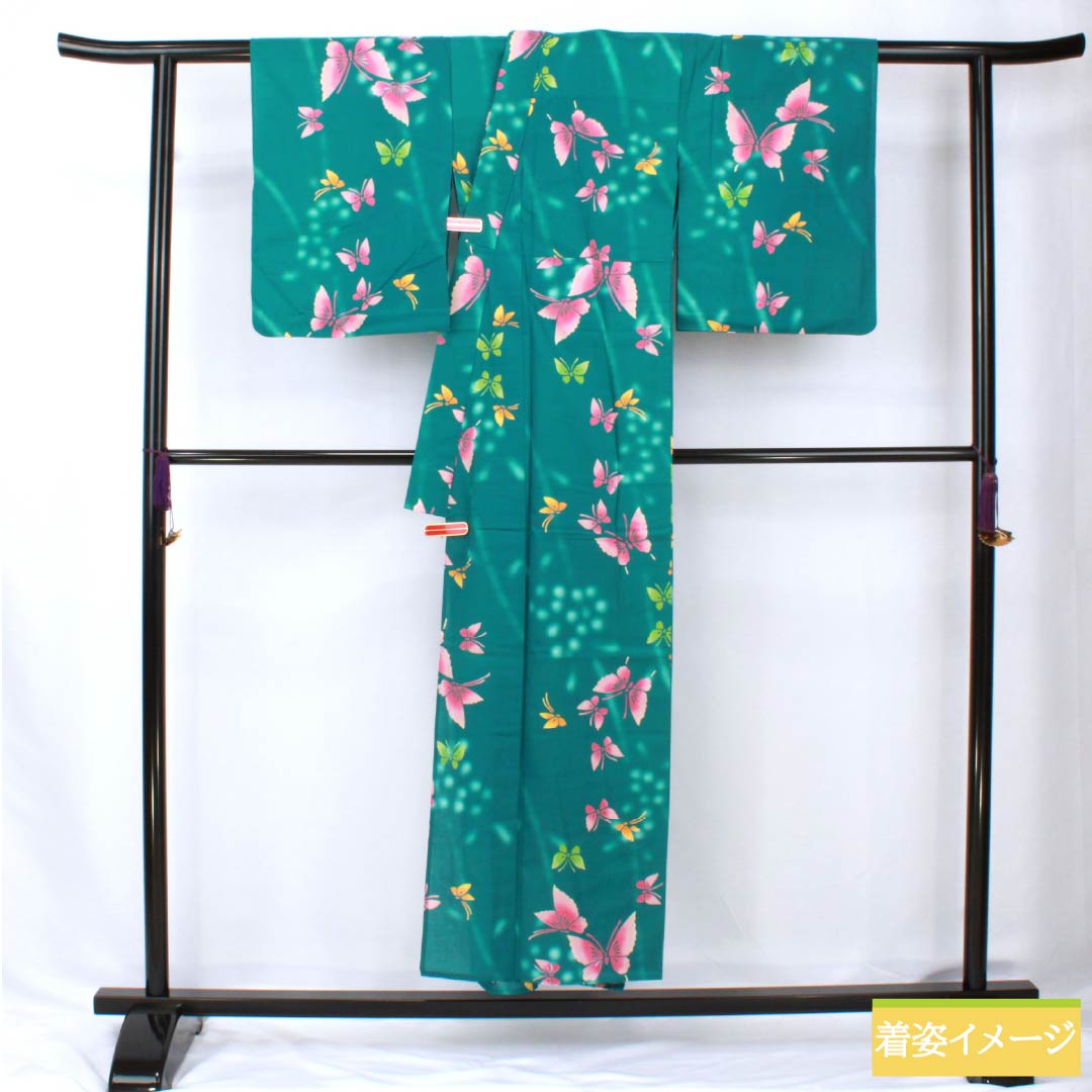浴衣 木綿 身丈151.5cm 裄丈61.5cm Sランク 単衣 緑系 織色(おりいろ) 蝶 1118005862219