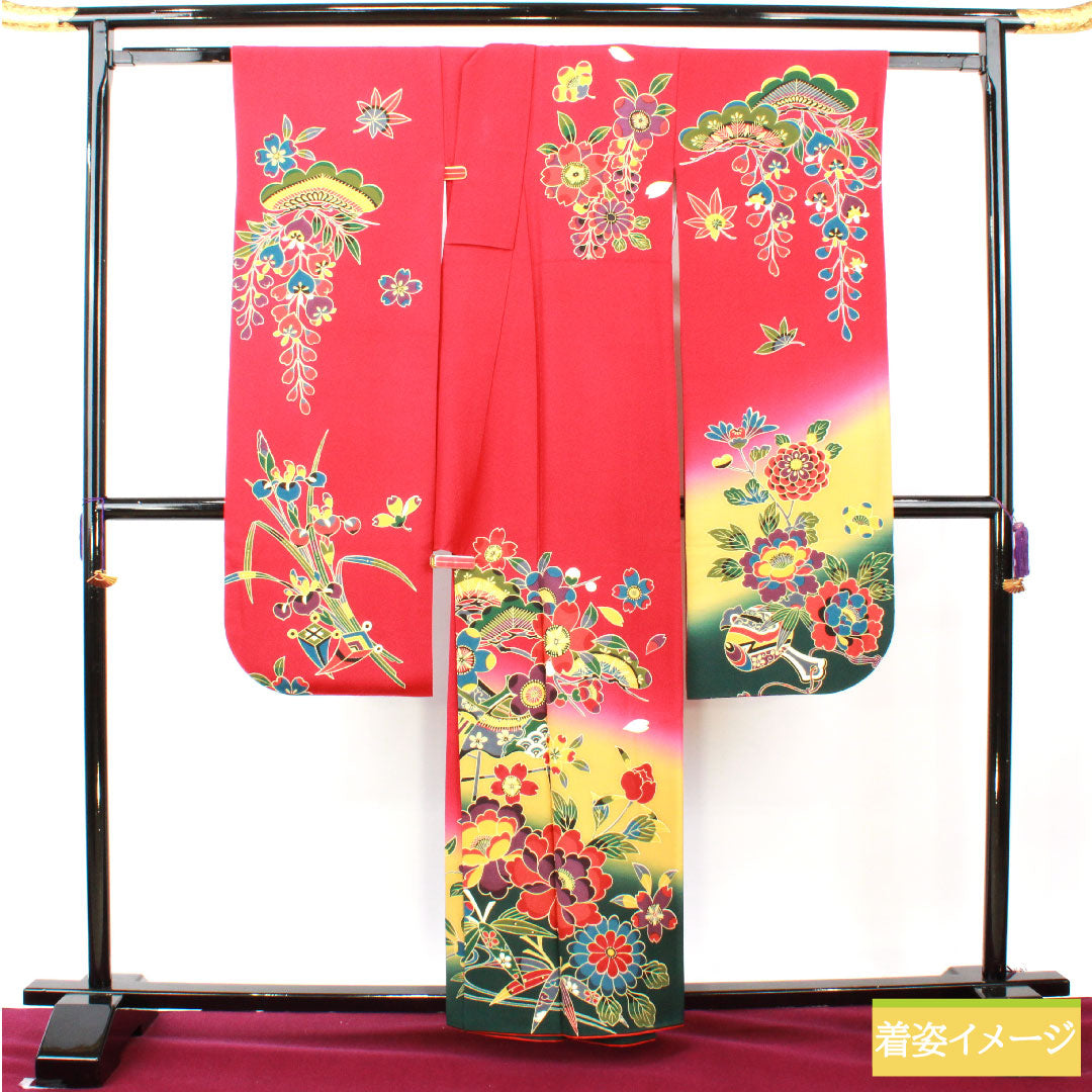 Furisode, pure silk, length 159.5cm, sleeve length 65.5cm, lined, crimson, Kyoto Bingata, auspicious motif, Scotchgard, S rank, red, 1113002122312