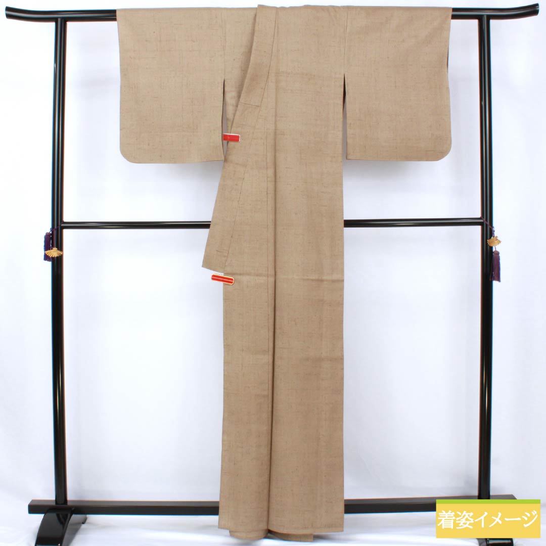 紬 正絹 Sランク 身丈162cm 裄丈64cm 香色(こういろ) 生紬 無地 一つ紋 単衣 ベージュ系 1116004562425