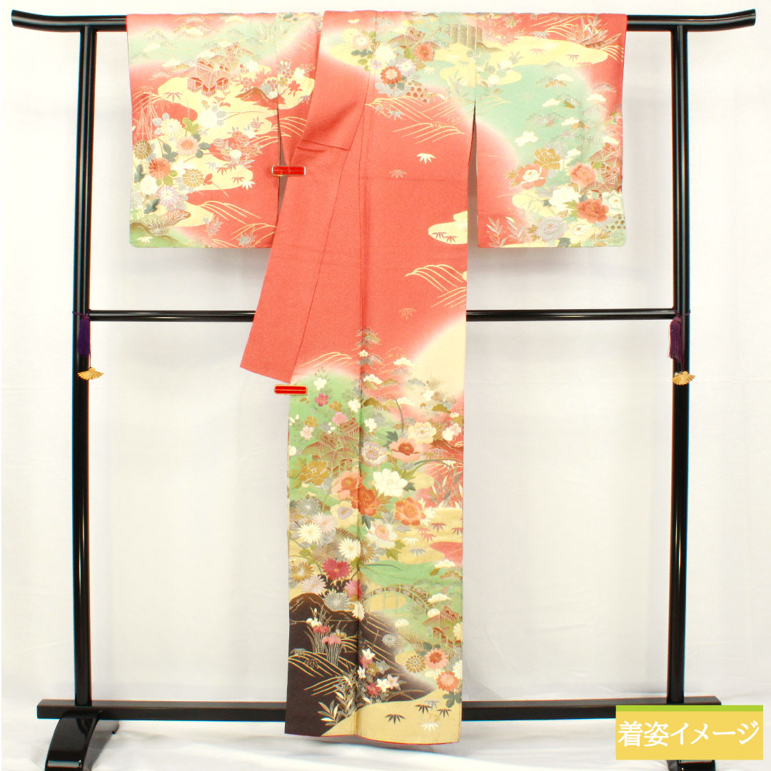Homongi, pure silk, lined, length 160cm, sleeve length 63cm, coral color, Kyo-Yuzen, embroidery, auspicious pattern, A rank, pink, 1112005423413