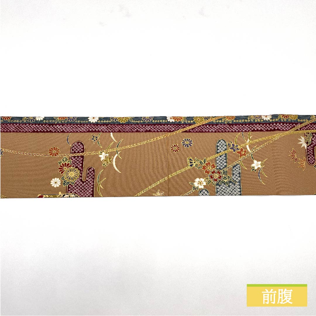 Nagoya obi, Asasugi dyed, Imperial carriage, chrysanthemum, cherry blossom, obi length 355cm, pure silk, S rank, full length, semi-formal, beige, 1124006532325, Nagoya tailoring