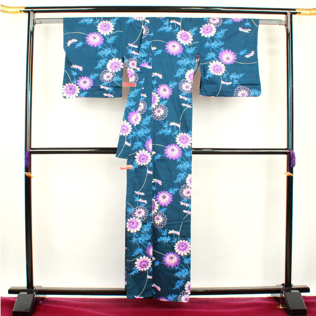 Yukata, deep blue, cosmos, cotton, A rank, single layer, length 163cm, sleeve length 66.5cm, navy blue, 1118000963418