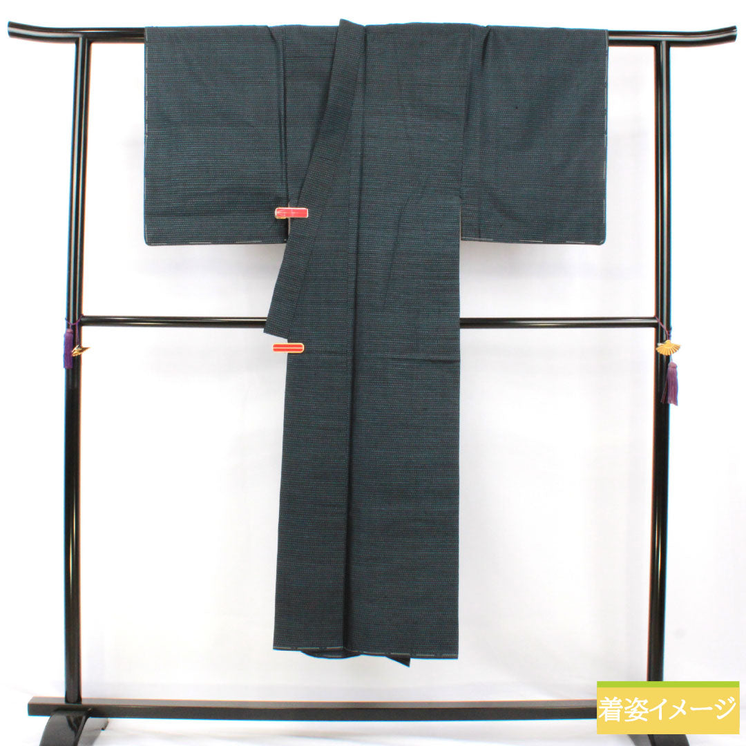 Men's silk S-rank kimono, length 141.5cm, sleeve length 64cm, Oshima Tsumugi with double-patterned horizontal kasuri pattern, basting threads included, lined, navy blue, product number 1119001732418
