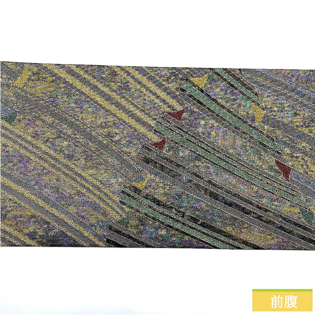 袋帯 正絹 薄黒色(うすぐろいろ) 幾何学模様 帯丈432cm Sランク 六通 セミフォーマル 銀系 1123010992322