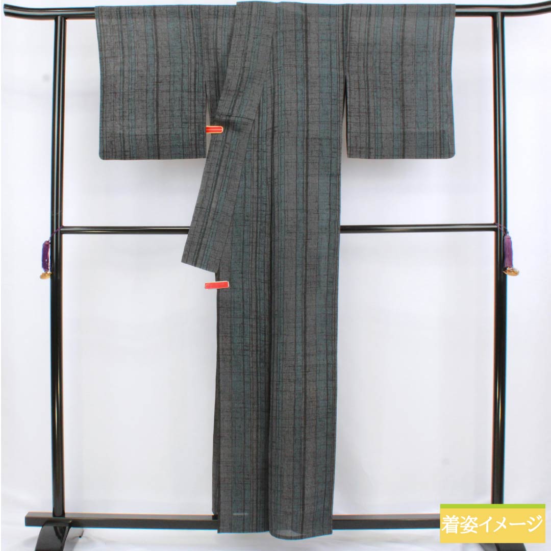 夏物 正絹 紬 身丈158cm 裄丈63cm 熨斗目花色(のしめはないろ) 燻銀色(いぶしぎんいろ) 縮 縞 紗 Sランク グラデーション系 1132002862399