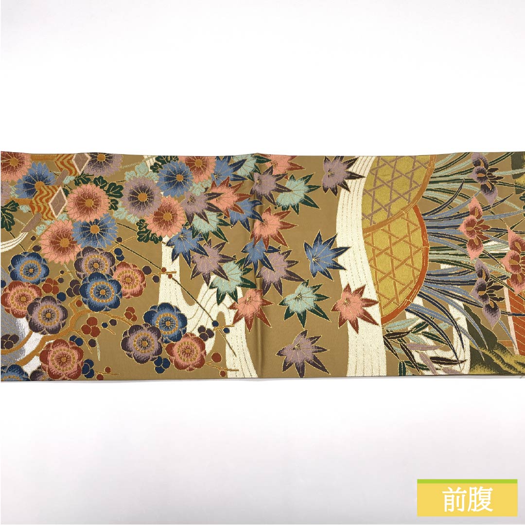 Fukuro Obi (sash) made of pure silk, S-rank, in a gray-yellow Yamabuki color, by Hakuryoen Oba, featuring a classic autumn leaf and iris pattern. Length: 434cm, six-fold, formal, beige. Product number: 1123015072325
