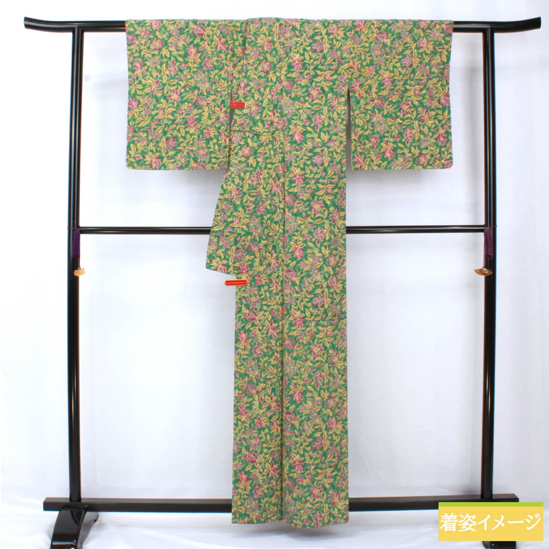 Komon, pure silk, length 159cm, sleeve length 62cm, lined, bronze color, stencil dyeing, all-flower pattern, S rank, green, 1115005362319