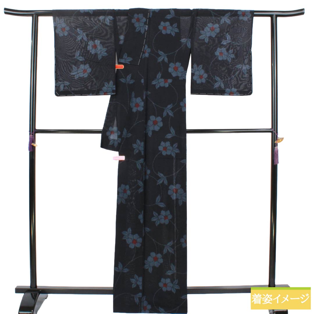 夏物 正絹 紬 Sランク 身丈166.5cm 裄丈66cm 相済茶色(あいすみちゃいろ) 草花模様 紗 紺系 1132004692518
