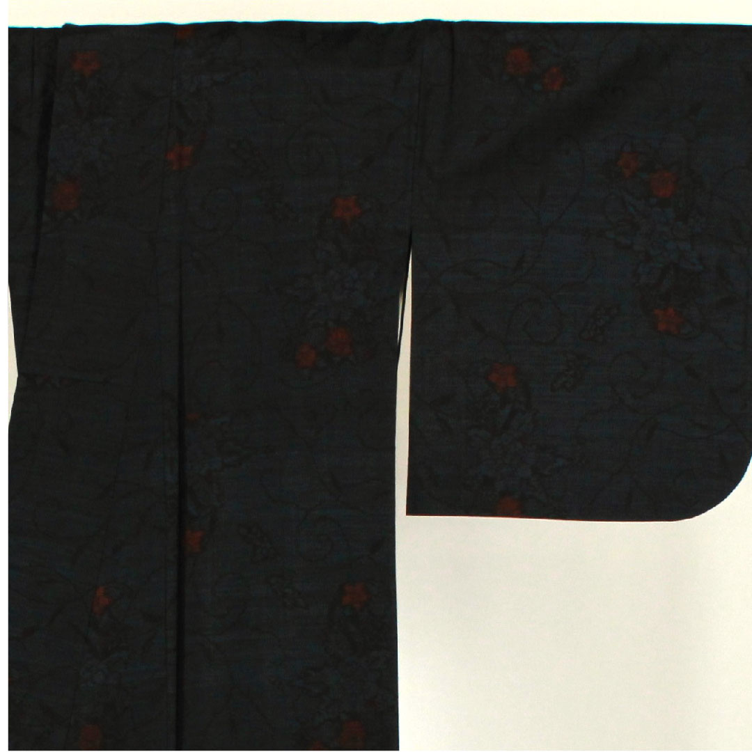 Oshima Tsumugi, Length 163.5cm, Sleeve length 67cm, Weft ikat, Floral pattern, Pure silk, S rank, Lined, Navy blue, 1116001142318