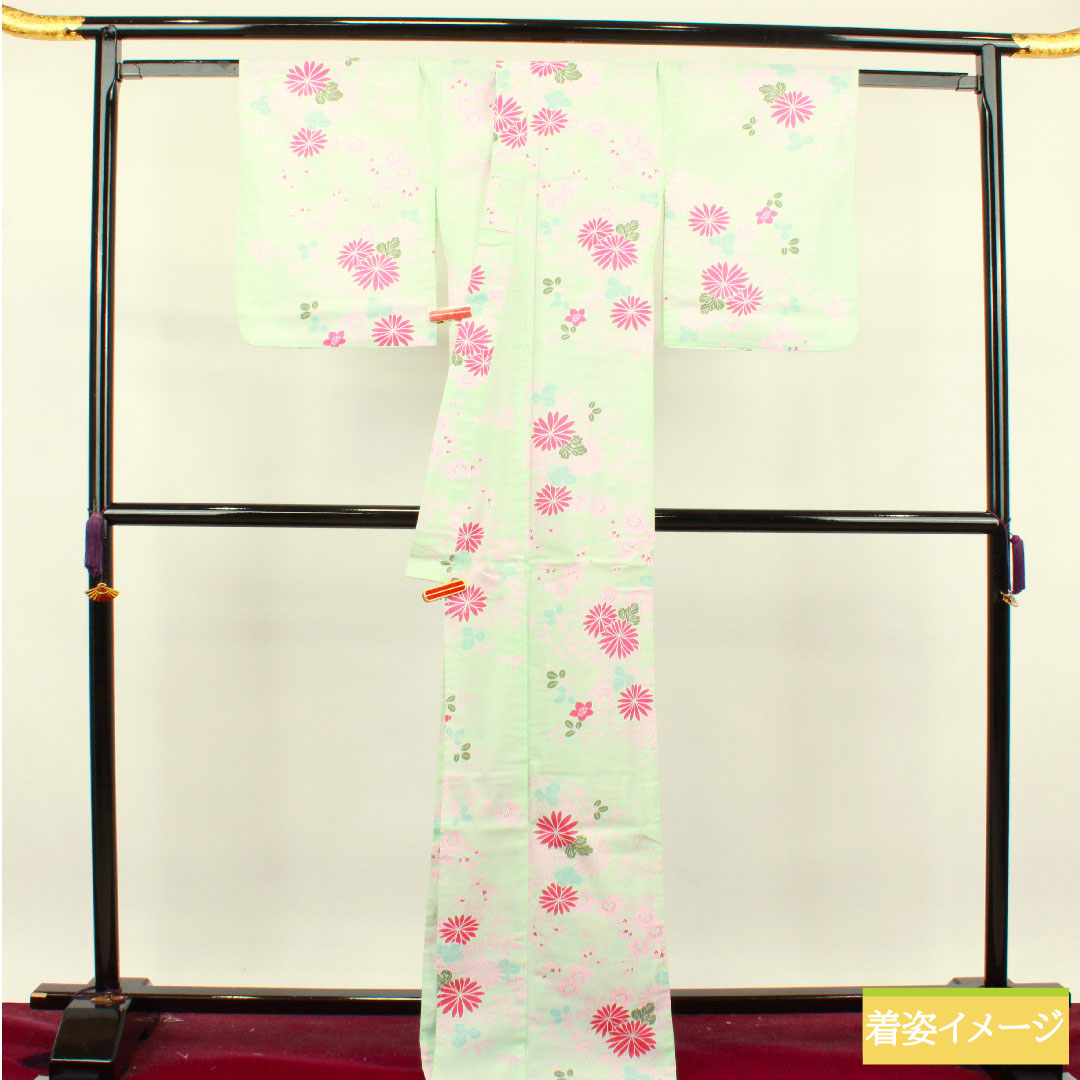 Yukata Cotton Length 168.5cm Sleeve length 64cm S rank Single layer Greenish white-green Chrysanthemum Cherry blossom Bush clover 1118004682519