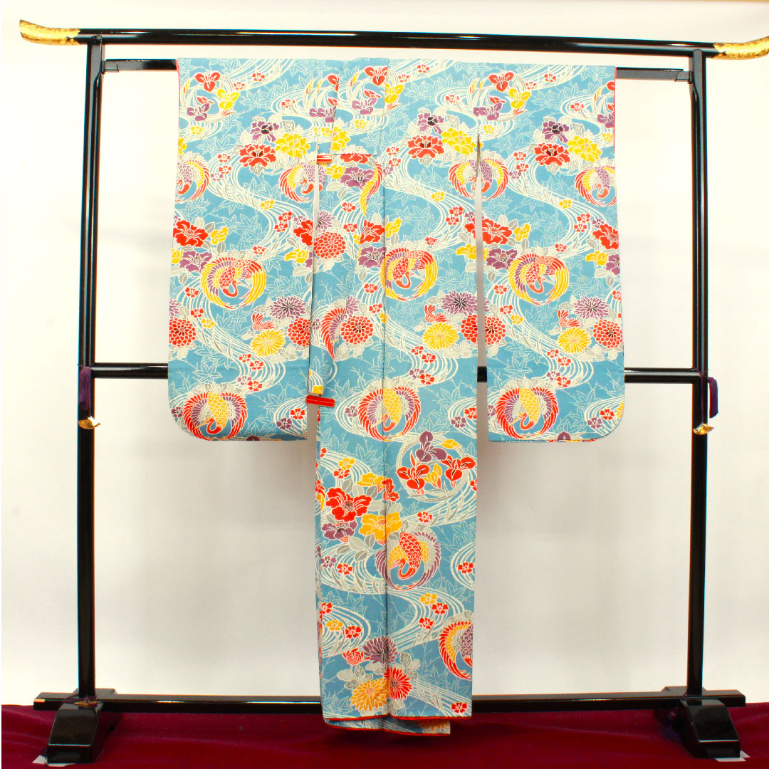 振袖 身丈156.5cm 裄丈64cm 袷 天青色 京紅型 吉祥文様 正絹 Aランク 青系 1113001653317