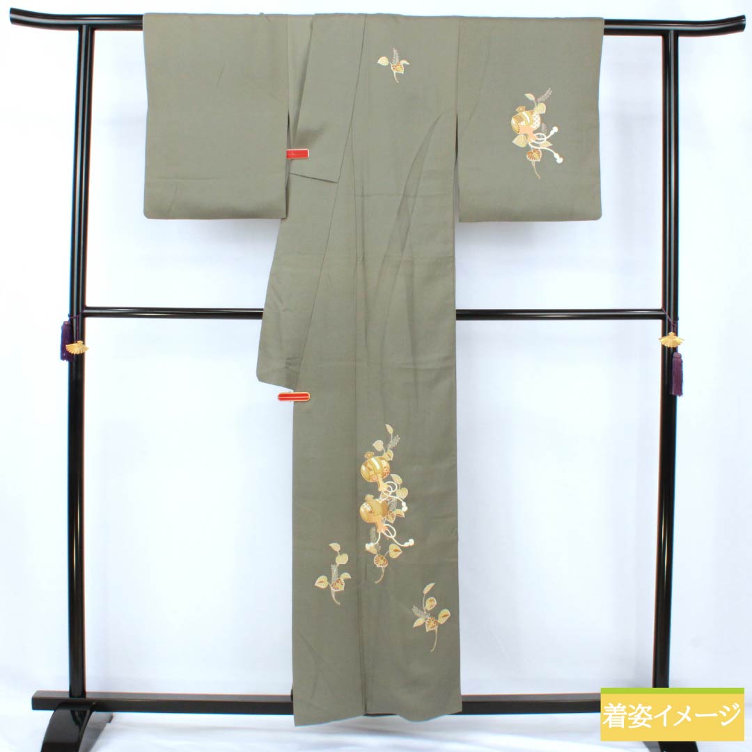 訪問着 正絹 Sランク 袷 身丈155cm 裄丈62.5cm 利休鼠色(りきゅうねずみいろ) 京友禅 付下げ 葵 小槌 スーパー鈴ガード 緑系 1112007212319