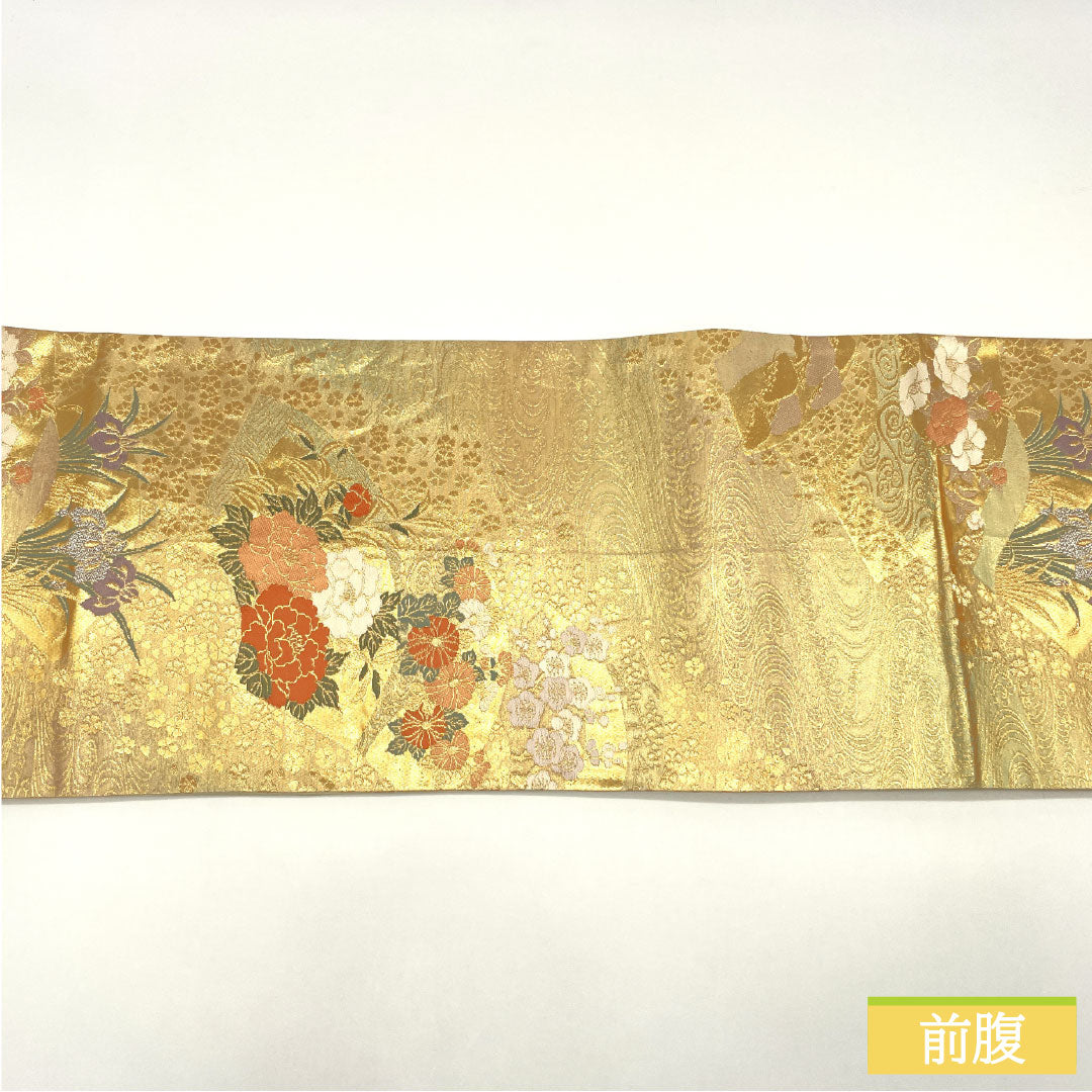 袋帯 正絹 Aランク 西陣織 扇面 花模様 留袖用 帯丈430cm 六通 フォーマル 金系 1123016493321