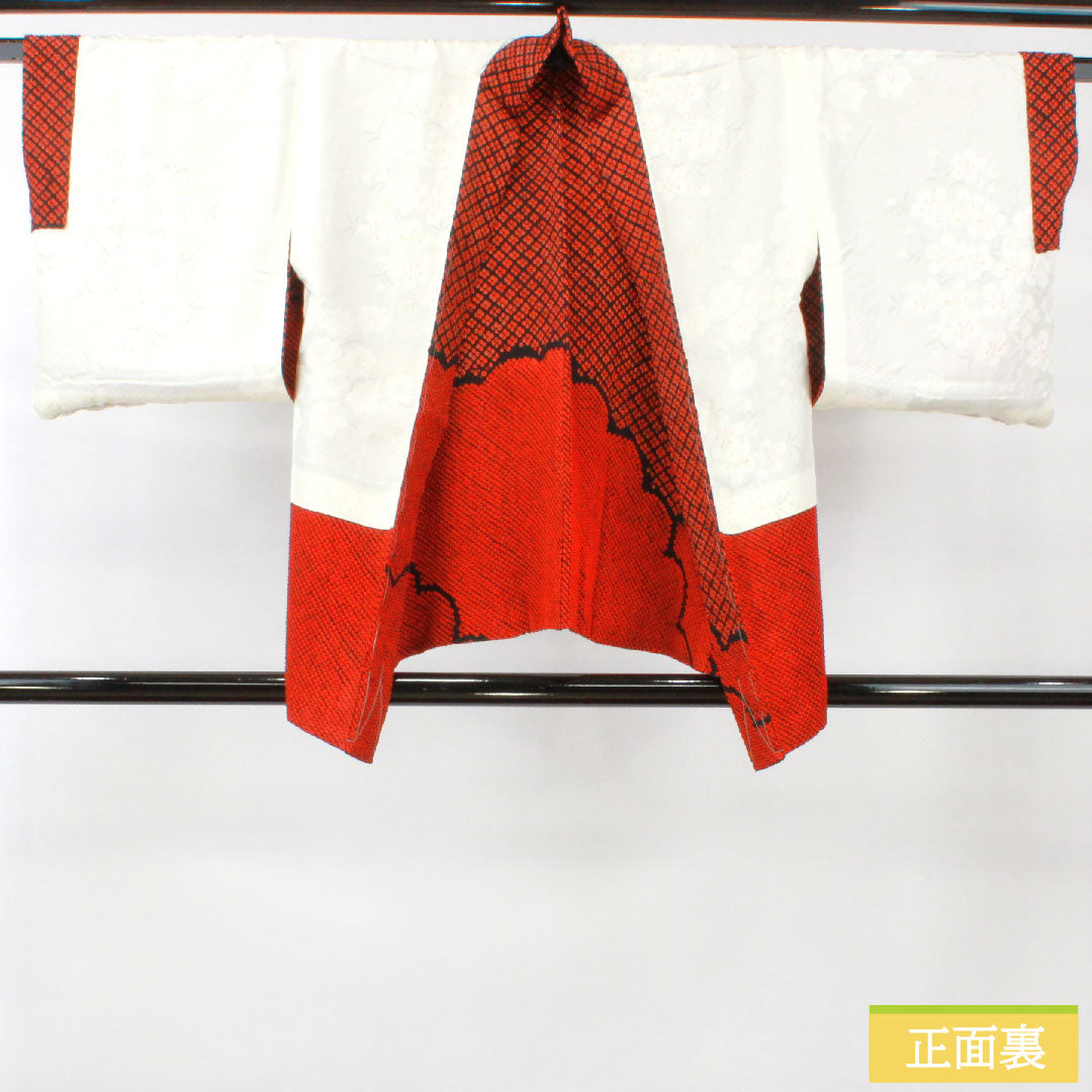 Haori (Japanese traditional coat) made of pure silk, length 75cm, sleeve length 65cm, scarlet, all-dyed, abstract pattern, with basting thread, S rank, lined, vermilion, 1117001052916