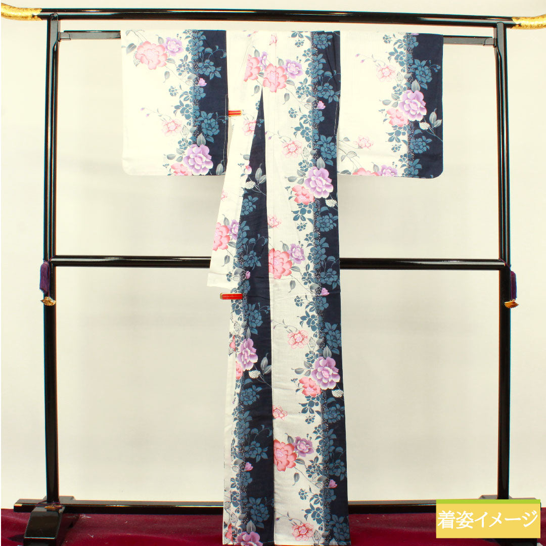 Yukata Cotton Length 166cm Sleeve length 67cm S rank Single layer White Vertical silk Peony 1118004752511