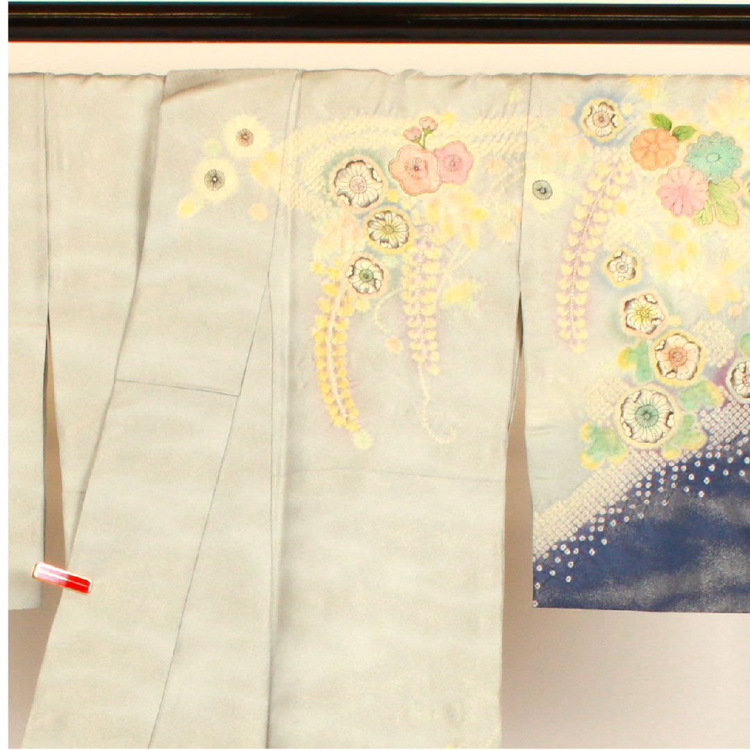 Homongi, lined, length 159cm, sleeve length 66cm, Tsujigahana, silver thread, artist's work, pure silk, S rank, gray, 1112000532322