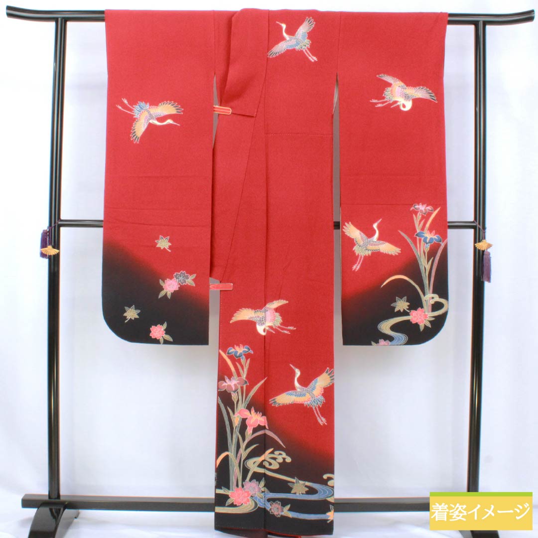 振袖 正絹 Sランク 身丈161.5cm 裄丈63.5cm 袷 生臙脂色(しょうえんじいろ) 京紅型 鶴 流水 桜 菖蒲 赤系 1113002372412