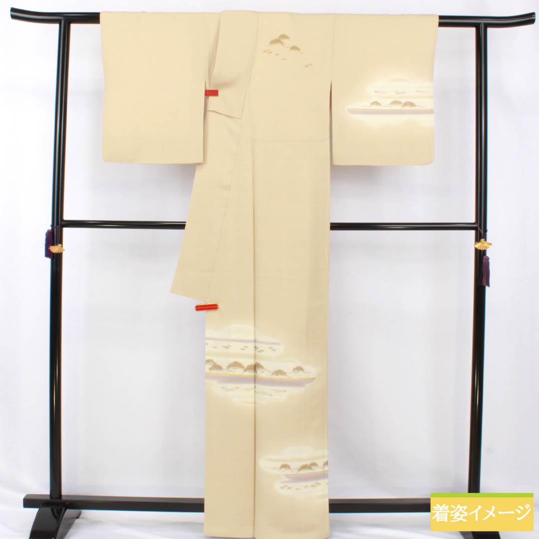 訪問着 正絹 Aランク 袷 身丈165cm 裄丈64.5cm 東京白茶色(とうきょうしらちゃいろ) 霞 松 竹 パールトーン加工 ベージュ系 1112006883525