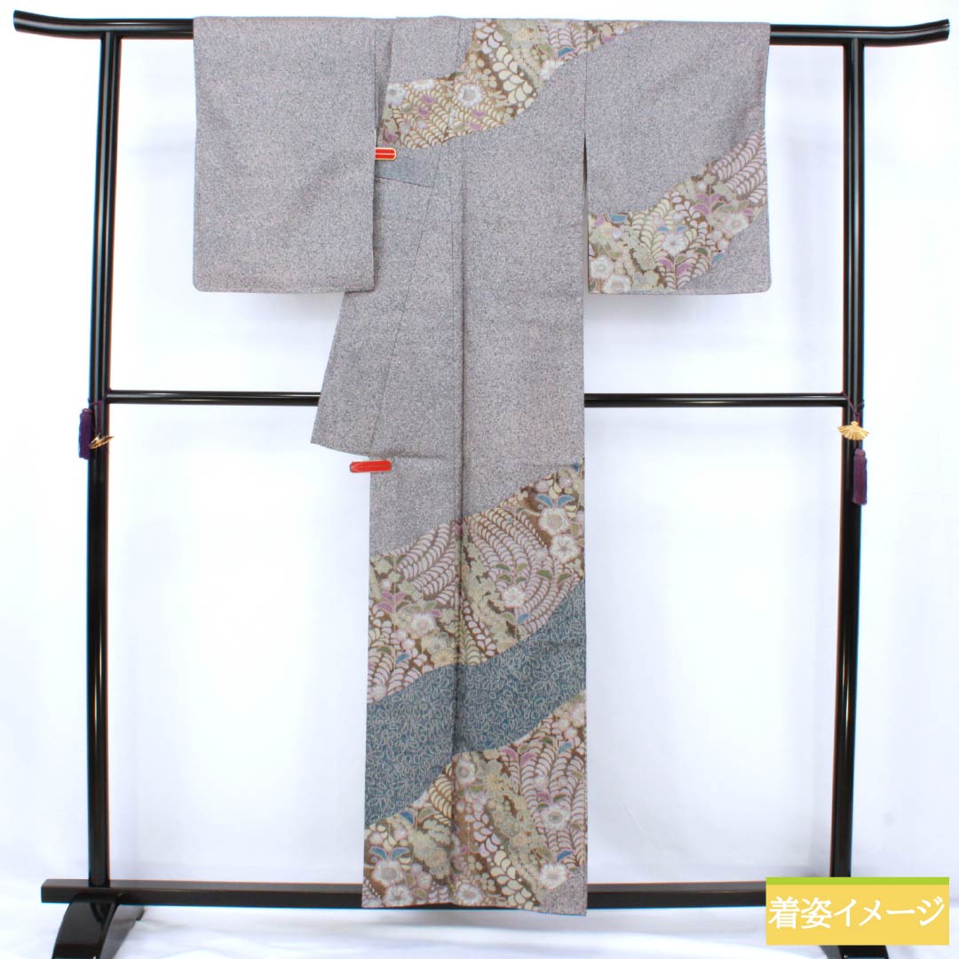 訪問着 正絹 Sランク 袷 身丈156cm 裄丈62.5cm 灰桜色(はいざくらいろ) 大島紬 辻ヶ花 しつけ糸付き パールトーン加工 グレー系 1112007472322