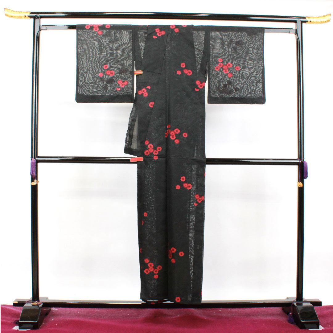 Summer kimono, polyester, small pattern, length 152.5cm, sleeve length 63cm, flowing water, chrysanthemum, washable kimono, gauze, A rank, black, 1132001243210