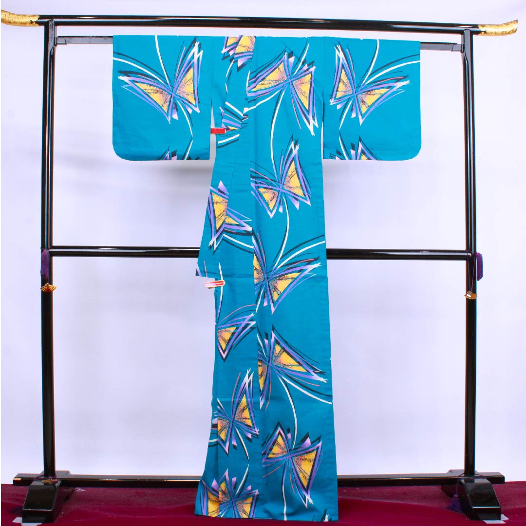 Yukata Rust Light Blue Butterfly Cotton S Rank Single Layer Length 167cm Sleeve Length 68.5cm Blue 1118004282517