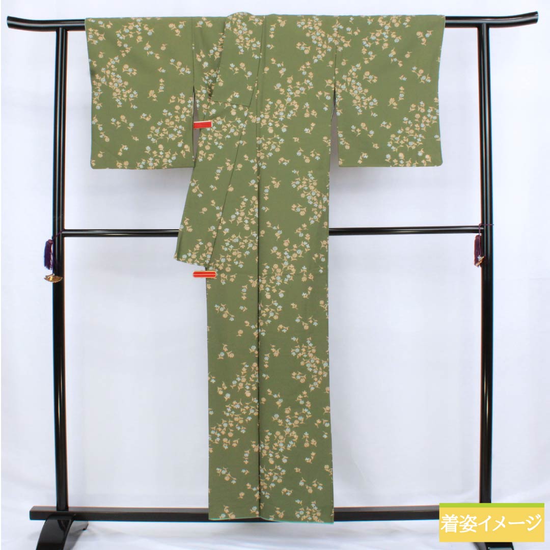 小紋 ポリエステル 身丈157cm 裄丈64cm 袷 柳煤竹色(やなぎすすたけいろ) 小花 洗える着物 Sランク 緑系 1115006242319