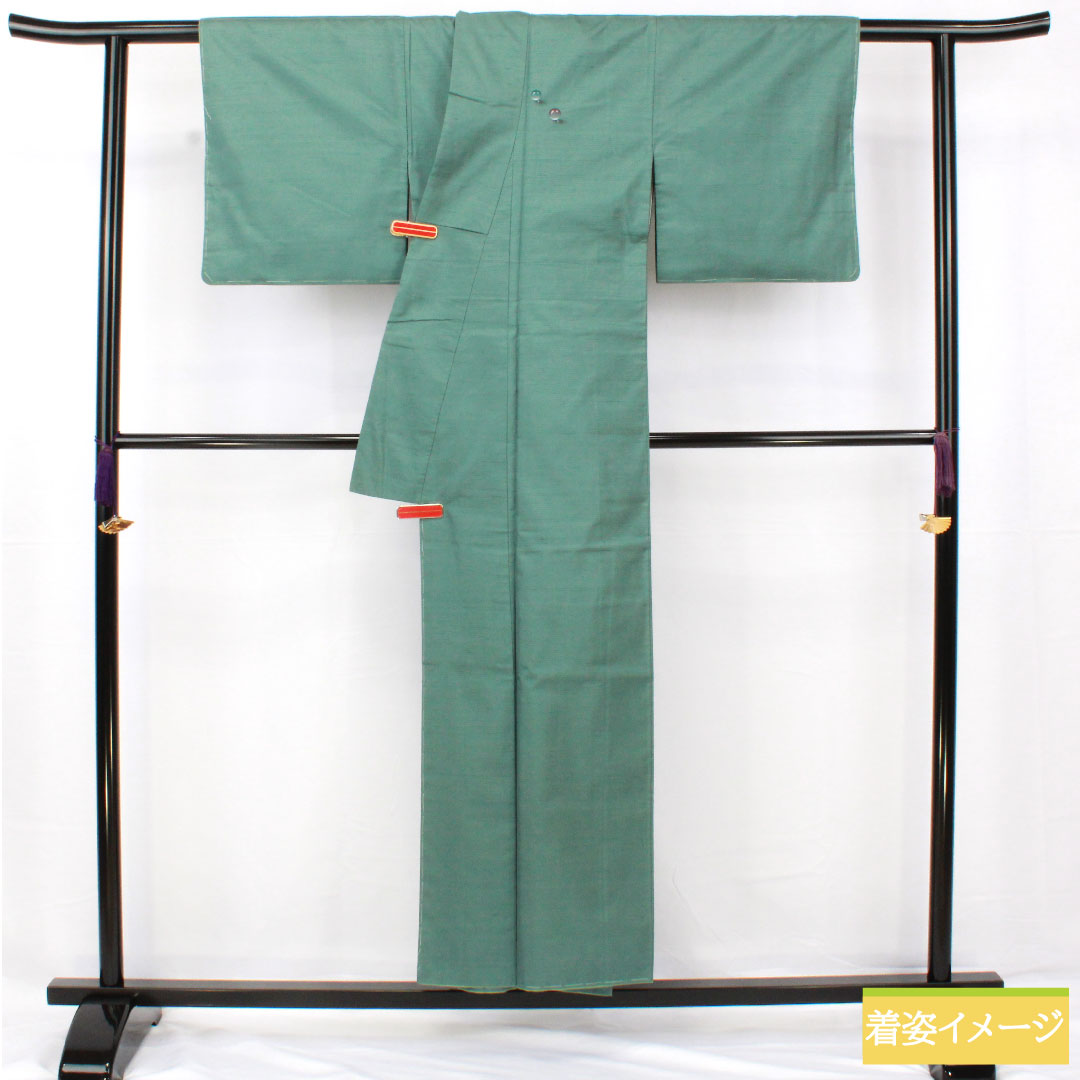 色無地 正絹 身丈152cm 裄丈61.5cm 山藍摺色(やまあいずりいろ) 紬地 しつけ糸付き 袷 Aランク 緑系 1114001653219